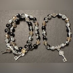 (3) Elegant Black and Silver Beaded Bracelet with St Benedict charm